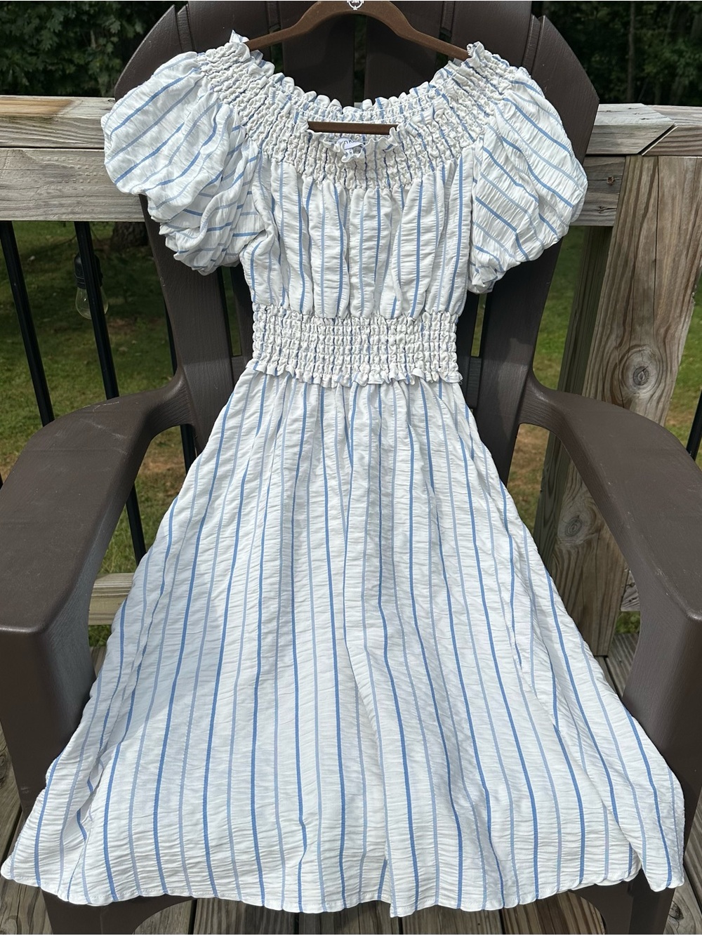 Calvin Klein White Dress with Blue Pinstripes and Smocked Waist-Size 4